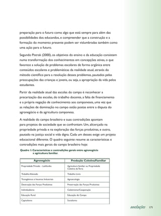 preparação para o futuro como algo que está sempre para além das
possibilidades dos educandos, e compreender que a construção e a
formação do momento presente podem ser vislumbradas também como
uma ação para o futuro.

Segundo Pistrak (2000), os objetivos do ensino e da educação consistem
numa transformação dos conhecimentos em concepções ativas, o que
favorece a solução de problemas escolares de forma orgânica entre
conteúdos escolares e problemáticas da realidade atual, através do
método científico para a resolução desses problemas, pautados pelas
preocupações das crianças e jovens, ou seja, a apropriação da vida pelos
estudantes.

Partir da realidade atual das escolas do campo é reconhecer a
precarização das escolas, do trabalho docente, a falta de financiamento
e a própria negação de conhecimento aos camponeses, uma vez que
as relações de dominação no campo estão postas entre a disputa do
agronegócio e da agricultura camponesa.

A realidade do campo brasileiro e suas contradições apontam
para projetos de sociedade que se confrontam. Um, alicerçado na
propriedade privada e na exploração das forças produtivas, e outro,
pautado na justiça social e vida digna. Cada um desses exige um projeto
educacional diferente. O quadro seguinte resume as características e
contradições mais gerais do campo brasileiro hoje:




                                                                           anotações   171
 