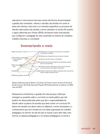 educativas e instrucionais, das lutas sociais, das formas de participação
e gestão, dos conteúdos , valores, e atitudes, são levadas em conta as
bases das ciências e das artes e os métodos específicos, no processo de
decisão sobre planos de estudos a serem adotados na escola. No quadro
a seguir, elaborado por Freitas (2010), retratamos estas interrelações
que configuram a pedagogia do meio assentada no sistema de complexo
trabalho, natureza, e a sociedade.


                 Inventariando o meio
Bases das ciências e artes             Definição dos conteúdos instrucionais para as disciplinas
                                       e educandos em questão

                                       Definição dos conteúdos formativos: valores e atitudes
Auto direção e organização
da vida individual                     Inventário das lutas sociais e contradições
e coletiva
                                       Inventário das formas participativas de organização e gestão
                                       (extra e intra-escolares)
Meio educativo
geral                                  Inventário de fontes educativas no meio: naturais, culturais
                                       e sociais (inclusive outras agências educativas)

Trabalho                               Inventário de formas de trabalho socialmente úteis: auto-serviço;
                                       oficinas; trabalho produtivo; outras.

Métodos específicos de ensino




Quadro elaborado pelo professor Luiz Carlos de Freitas a partir da obra de Pistrak, A
Escola Comuna. São Paulo, Expressão Popular, 2010. Apresentando em palestra na UEFS,
maio de 2010.



Destacamos, inicialmente, a questão do meio porque é dele que
emergem as questões sobre o currículo na escola pública que não
podem ser desconsideradas pelos que têm a responsabilidade de
decidir sobre os planos de estudos que deve conter um currículo. Os
planos de estudos nos dizem sobre os objetivos a serem alcançados e o
conhecimento que será tratado em uma dada organização do trabalho
pedagógico no interior da sala de aula, na escola e para além dela, visto
termos os espaços pedagógicos e os tempos pedagógicos na escola e




                                                                                                           anotações   187
 