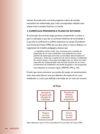 interior da escola entre currículo, programa e plano de estudos
                  necessitam ser evidenciadas, pois a elas correspondem relações mais
                  amplas entre o projeto histórico e a escola.

                  3. CURRÍCULO, PROGRAMA E PLANO DE ESTUDOS

                  A construção do currículo exige, portanto, compreender e criticar o
                  que é a educação, o que são os acúmulos históricos da humanidade, e
                  o que são os confrontos e conflitos expressos no campo. O professor
                  Luiz Carlos de Freitas (1995), em sua obra sobre a crítica à didática e à
                  organização do trabalho pedagógico, destaca que:
                            ...o capitalismo deverá voltar seus interesses para a questão da
                            preparação de um novo trabalhador mais adequado aos novos
                            padrões de exploração, acirrando a contradição educar/explorar. É
                            conhecido o medo que o capital tem de instruir demais o trabalhador.
                            Ao mesmo tempo, a nova base tecnológica, para ser eficaz nos níveis
                            esperados de competitividade internacional, necessita de um maior
                            envolvimento do trabalhador nas tarefas de gestão e uma preparação
                            mais adequada, via educação regular (FREITAS, 1995, p. 126).

                  É assim que vamos encontrar nas escolas do campo um tensionamento
                  entre duas teses básicas: uma que defende a formação de um novo
                  trabalhador e a outra que defende a formação de um novo ser humano.




                  Figura elaborada a partir do livro do professor Dr. Luiz Carlos de Freitas (1995).


192   anotações
 