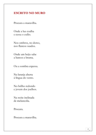 ESCRITO NO MURO


Procura a maravilha.

Onde a luz coalha
e cessa o exílio.

Nos ombros, no dorso,
nos flancos suados.

Onde um beijo sabe
a barcos e bruma.


Ou a sombra espessa.

Na laranja aberta
à língua do vento.

No brilho redondo
e jovem dos joelhos.

Na noite inclinada
de melancolia.

Procura.

Procura a maravilha.


                        17
 