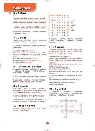 Soluções
Soluções
27
6 • A chuva
1.
2. salsicha – borracha – chaminé – bolacha
chocolate – charuto
7 • O ninho
1. di/nhei/ro – vi/zi/nha – li/nha – ce/go/nha
a/ra/nha – pi/nhei/ro – mi/nho/ca
2. gatinho – bonitinho – patinho – boquinha
carequinha
3. Eu faço os deveres sozinho.
Preciso de linha branca para coser este vestido.
Amanhã vou apanhar pinhas para o forno a
lenha.
Não gosto de ver teias de aranha.
Vou fazer um desenho de uma galinha.
A minha mãe é cozinheira.
8 • Farfalhudo, o coelho
1. ba/ra/lho: 3 sílabas – ca/be/ça/lho: 4 sílabas
– pa/lha/ço: 3 sílabas – i/lha: 2 sílabas –
ra/ma/lhe/te: 4 sílabas
2. alho – vermelho – aselha – abelha – ovelha
3. apanhado – bilheteira – ninhada – telhado –
pezinho – orelhudo – palhota – minhoca
9 • A escada
1. pastilha – folhas – esmola – apostar –
assustado – iscas – casca – pescada – listagem
– esconderijo – justiça – risca/rosca/rasca
2. bis/coi/to: biscoito – mos/qui/to: mosquito
3. as moscas – os discos – os riscos – as
pastas – os justos – as escadas – as mesas
10 • O bolo de noz
1. perdiz – feroz – veloz – giz – arroz – rapaz
dez/diz – capuz/capaz
2.
3. narizinho – luzinha – vozinha – arrozinho
juizinho – ferozinho – cruzinha – raizinha
capuzinho
11 • A quinta
1. dente – pente/pinte/ponte – banda – vento
mundo/mando – tenta – anjo – canto/cento/
cinto/conto – lindo/lendo – lontra
2. Aquele buraco é muito fundo.
Ontem houve um grande incêndio num prédio.
O João está doente e o médico deu-lhe uma
injecção.
A Rita abriu o presente de aniversário com
muito entusiasmo.
A onça é um animal perigoso.
O meu amigo toca numa banda.
A Alice vai aos correios enviar uma carta ao
namorado.
O carro de colecção é valioso pois é muito
antigo.
O surfista usou a prancha para surfar a onda.
3. Os bombeiros apagam o incêndio.
Esta onda é enorme.
12 • O pombal
1. em/pa/dão – com/boi/o – zum/bi/do
im/pe/cá/vel – bom/bei/ro – im/por/tan/te
em/pre/sa – am/bu/lan/te – um/bral
3.
enxame fachada justiça recreio enxada
faisão envelope inchaço joelho enxaguar
incapaz saltar saxofone rechear enxuto
c a r t a z b c
h v a l i z v a
n o z v b e n z
p v i r c b a p
e l b a c o r e
r c a p u z o t
d v t a ç a z i
u x i z o d e z
z g c l i b p e
cartaz
noz
capuz
dez
petiz
a m b u l â n
e
m
â
l p a d a
a
d
o m b e i r o
m
m
o
b
b
i
m
c i a
Cad_Ditados_6_8 7/28/09 10:42 AM Page 27
 