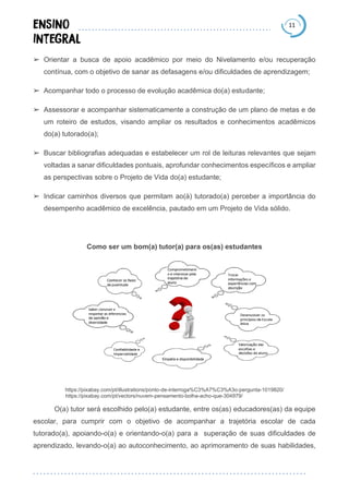 11
➢ Orientar a busca de apoio acadêmico por meio do Nivelamento e/ou recuperação
contínua, com o objetivo de sanar as defasagens e/ou dificuldades de aprendizagem;
➢ Acompanhar todo o processo de evolução acadêmica do(a) estudante;
➢ Assessorar e acompanhar sistematicamente a construção de um plano de metas e de
um roteiro de estudos, visando ampliar os resultados e conhecimentos acadêmicos
do(a) tutorado(a);
➢ Buscar bibliografias adequadas e estabelecer um rol de leituras relevantes que sejam
voltadas a sanar dificuldades pontuais, aprofundar conhecimentos específicos e ampliar
as perspectivas sobre o Projeto de Vida do(a) estudante;
➢ Indicar caminhos diversos que permitam ao(à) tutorado(a) perceber a importância do
desempenho acadêmico de excelência, pautado em um Projeto de Vida sólido.
Como ser um bom(a) tutor(a) para os(as) estudantes
https://pixabay.com/pt/illustrations/ponto-de-interroga%C3%A7%C3%A3o-pergunta-1019820/
https://pixabay.com/pt/vectors/nuvem-pensamento-bolha-acho-que-304979/
O(a) tutor será escolhido pelo(a) estudante, entre os(as) educadores(as) da equipe
escolar, para cumprir com o objetivo de acompanhar a trajetória escolar de cada
tutorado(a), apoiando-o(a) e orientando-o(a) para a superação de suas dificuldades de
aprendizado, levando-o(a) ao autoconhecimento, ao aprimoramento de suas habilidades,
 