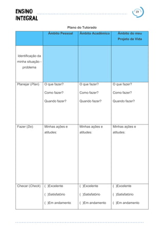 19
Plano do Tutorado
Âmbito Pessoal Âmbito Acadêmico Âmbito do meu
Projeto de Vida
Identificação da
minha situação -
problema
Planejar (Plan) O que fazer?
Como fazer?
Quando fazer?
O que fazer?
Como fazer?
Quando fazer?
O que fazer?
Como fazer?
Quando fazer?
Fazer (Do) Minhas ações e
atitudes:
Minhas ações e
atitudes:
Minhas ações e
atitudes:
Checar (Check) ( )Excelente
( )Satisfatório
( )Em andamento
( )Excelente
( )Satisfatório
( )Em andamento
( )Excelente
( )Satisfatório
( )Em andamento
 