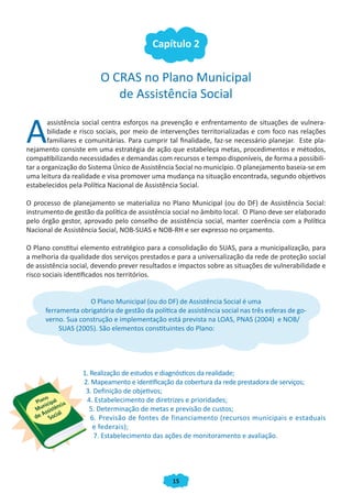 Capítulo 2


                         O CRAS no Plano Municipal
                            de Assistência Social


A
        assistência social centra esforços na prevenção e enfrentamento de situações de vulnera-
        bilidade e risco sociais, por meio de intervenções territorializadas e com foco nas relações
        familiares e comunitárias. Para cumprir tal finalidade, faz-se necessário planejar. Este pla-
nejamento consiste em uma estratégia de ação que estabeleça metas, procedimentos e métodos,
compatibilizando necessidades e demandas com recursos e tempo disponíveis, de forma a possibili-
tar a organização do Sistema Único de Assistência Social no município. O planejamento baseia-se em
uma leitura da realidade e visa promover uma mudança na situação encontrada, segundo objetivos
estabelecidos pela Política Nacional de Assistência Social.

O processo de planejamento se materializa no Plano Municipal (ou do DF) de Assistência Social:
instrumento de gestão da política de assistência social no âmbito local. O Plano deve ser elaborado
pelo órgão gestor, aprovado pelo conselho de assistência social, manter coerência com a Política
Nacional de Assistência Social, NOB-SUAS e NOB-RH e ser expresso no orçamento.

O Plano constitui elemento estratégico para a consolidação do SUAS, para a municipalização, para
a melhoria da qualidade dos serviços prestados e para a universalização da rede de proteção social
de assistência social, devendo prever resultados e impactos sobre as situações de vulnerabilidade e
risco sociais identificados nos territórios.


                    O Plano Municipal (ou do DF) de Assistência Social é uma
      ferramenta obrigatória de gestão da política de assistência social nas três esferas de go-
      verno. Sua construção e implementação está prevista na LOAS, PNAS (2004) e NOB/
           SUAS (2005). São elementos constituintes do Plano:




                   1. Realização de estudos e diagnósticos da realidade;
                   2. Mapeamento e identificação da cobertura da rede prestadora de serviços;
                    3. Definição de objetivos;
                    4. Estabelecimento de diretrizes e prioridades;
                      5. Determinação de metas e previsão de custos;
                      6. Previsão de fontes de financiamento (recursos municipais e estaduais
                       e federais);
                       7. Estabelecimento das ações de monitoramento e avaliação.




                                                 15
 