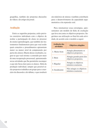 12
geográfica, também são propostas discussões
de vídeos e de artigos de jornal.
Avaliação
Entre as sugestões propostas, estão previs-
tos exercícios individuais com o objetivo de
avaliar a participação do aluno no processo
de ensino-aprendizagem, que também são ins-
trumentos fundamentais para que você avalie
quais conceitos e procedimentos apresentam
maior ou menor nível de compreensão por
parte dos alunos. Diante desses resultados, su-
gere-se que você retome o conteúdo por meio
de uma recuperação processual, apresentando
novas atividades que lhe permitirão recompor
o que não ficou claro para os alunos. Além da
produção individual, sempre que possível se-
rão propostos trabalhos em grupo para o exer-
cício da discussão e do debate, o que resultará
em relatórios de síntese e também contribuirá
para o desenvolvimento da capacidade argu-
mentativa e da expressão oral.
Para sistematizar essas estratégias, apre-
sentamos um modelo de ficha de avaliação
que leva em conta os objetivos propostos. Su-
gerimos sua utilização ao final de cada ativi-
dade, de acordo com o modelo a seguir:
Avaliação das
atividades
Objetivos atingidos
1. Muito bom
Atingiu plenamente os
objetivos propostos.
2. Bom
Atingiu grande parte dos
objetivos propostos.
3. Regular
Atingiu os objetivos
mínimos essenciais.
4. Insuficiente
Não atingiu os objetivos
mínimos essenciais.
 