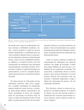 14
de acordo com o grau de conhecimento téc-
nico, interesse e viabilidade econômica. As-
sim, a reserva mineral é a parte do recurso
mineral identificada e reconhecida pelo seu
valor econômico. Quanto maior a concentra-
ção de substâncias minerais em determinada
reserva, maior será sua viabilidade econômi-
ca. Minério é o material rochoso com alta
concentração de substâncias que interessam
economicamente à atividade extrativa. O lo-
cal onde o minério é explorado denomina-se
jazida mineral, e a lavra é o conjunto de ope-
rações necessárias para a retirada do minério
da jazida.
Os alunos devem ser informados de que
substâncias minerais, como ferro, manga-
nês e chumbo, participam da composição
química média da crosta terrestre e, portan-
to, numa jazida mineral, concentram-se em
maior quantidade. O ferro, por exemplo,
pode ser encontrado em diversos tipos de
rocha na forma de hematita (Fe2
O3
). O que
difere a jazida mineral de ferro da de outros
materiais rochosos é o seu grau de pureza. As
jazidas viáveis economicamente são aquelas
formadas praticamente por hematita concen-
trada. As jazidas minerais em exploração são
denominadas minas.
Como os recursos minerais resultam da
concentração de substâncias nos materiais
rochosos, seu tempo de formação é muito
mais longo (milhões de anos) do que a ve-
locidade de sua exploração econômica. Por
causa disso, é importante alertar os alunos
de que o que estará em discussão é o uso de
recursos naturais não renováveis, pois sua
extração é altamente impactante e exige o
debate da conservação do recurso e de sua
exploração sustentável.
Para finalizar, oriente os alunos na rea-
lização da atividade proposta no Caderno
do Aluno, em que eles deverão explicar o
significado dos conceitos apresentados: re-
curso mineral, reserva mineral, jazida mi-
neral e minério.
Figura 1 – Recursos x reservas. Fonte: TOLEDO, Maria Cristina Motta de; FAIRCHILD, Thomas Rich; TEIXEIRA, Wilson.
Decifrando a Terra. São Paulo: Ibep, 2007. p. 452.
 