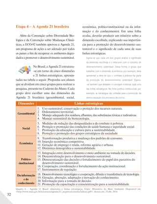 52
Etapa 4 – A Agenda 21 brasileira
Além da Convenção sobre Diversidade Bio-
lógica e da Convenção sobre Mudanças Climá-
ticas, a ECO-92 também aprovou a Agenda 21,
um programa de ações a ser adotado por todos
os países a fim de recuperar os ambientes degra-
dados e promover o desenvolvimento sustentável.
No Brasil, a Agenda 21 estrutura-
-se em torno de cinco dimensões
e 21 linhas estratégicas, apresen-
tadas na tabela a seguir. Proponha aos alunos
que se dividam em cinco grupos para realizar a
pesquisa, presente no Caderno do Aluno. Cada
grupo deve escolher uma das dimensões da
Agenda 21 brasileira (geoambiental, social,
econômica, político-institucional ou da infor-
mação e do conhecimento). Em uma folha
avulsa, deverão produzir um relatório sobre a
dimensão escolhida, explicando sua importân-
cia para a promoção do desenvolvimento sus-
tentável e o significado de cada uma de suas
linhas estratégicas.
Espera-se que cada um dos grupos analise o signiﬁcado
da dimensão escolhida e o relacione com o conceito de
desenvolvimento sustentável. Dessa forma, o grupo que
trabalhar com a dimensão econômica, por exemplo, deve
apresentar a ideia de que o combate à pobreza faz parte
da promoção do desenvolvimento sustentável. Espera-
-se também que debatam e consigam sintetizar cada uma
das linhas estratégicas. Na linha político-institucional, por
exemplo, as estratégias são voltadas para a promoção da
democratização dos processos decisórios.
Dimensões Linhas estratégicas
Geoambiental
1. Uso sustentável, conservação e proteção dos recursos naturais.
2. Ordenamento territorial.
3. Manejo adequado dos resíduos, efluentes, das substâncias tóxicas e radioativas.
4. Manejo sustentável da biotecnologia.
Social
5. Medidas de redução das desigualdades e de combate à pobreza.
6. Proteção e promoção das condições de saúde humana e seguridade social.
7. Promoção da educação e cultura para a sustentabilidade.
8. Proteção e promoção dos grupos estratégicos da sociedade.
Econômica
9. Transformação produtiva e mudança dos padrões de consumo.
10. Inserção econômica competitiva.
11. Geração de emprego e renda, reforma agrária e urbana.
12. Dinâmica demográfica e sustentabilidade.
Político-
-institucional
13. Integração entre desenvolvimento e meio ambiente na tomada de decisões.
14. Descentralização para o desenvolvimento sustentável.
15. Democratização das decisões e fortalecimento do papel dos parceiros do
desenvolvimento sustentável.
16. Cooperação, coordenação e fortalecimento da ação institucional.
17. Instrumentos de regulação.
Da informação
e do
conhecimento
18. Desenvolvimento tecnológico e cooperação, difusão e transferência de tecnologia.
19. Geração, absorção, adaptação e inovação do conhecimento.
20. Informação para a tomada de decisão.
21. Promoção da capacitação e conscientização para a sustentabilidade.
Quadro 6 – Agenda 21 Brasil: dimensões e linhas estratégicas. Fonte: Ministério do Meio Ambiente. Disponível em:
<http://www.mma.gov.br/estruturas/agenda21/_arquivos/consulta2edicao.pdf>. Acesso em: 25 abr. 2014.
 