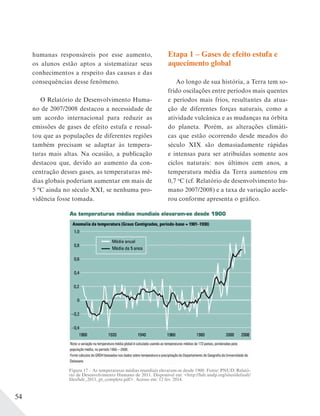 54
humanas responsáveis por esse aumento,
os alunos estão aptos a sistematizar seus
conhecimentos a respeito das causas e das
consequências desse fenômeno.
O Relatório de Desenvolvimento Huma-
no de 2007/2008 destacou a necessidade de
um acordo internacional para reduzir as
emissões de gases de efeito estufa e ressal-
tou que as populações de diferentes regiões
também precisam se adaptar às tempera-
turas mais altas. Na ocasião, a publicação
destacou que, devido ao aumento da con-
centração desses gases, as temperaturas mé-
dias globais poderiam aumentar em mais de
5 ºC ainda no século XXI, se nenhuma pro-
vidência fosse tomada.
Figura 17 – As temperaturas médias mundiais elevaram-se desde 1900. Fonte: PNUD. Relató-
rio de Desenvolvimento Humano de 2011. Disponível em: <http://hdr.undp.org/sites/default/
files/hdr_2011_pt_complete.pdf>. Acesso em: 12 fev. 2014.
Etapa 1 – Gases de efeito estufa e
aquecimento global
Ao longo de sua história, a Terra tem so-
frido oscilações entre períodos mais quentes
e períodos mais frios, resultantes da atua-
ção de diferentes forças naturais, como a
atividade vulcânica e as mudanças na órbita
do planeta. Porém, as alterações climáti-
cas que estão ocorrendo desde meados do
século XIX são demasiadamente rápidas
e intensas para ser atribuídas somente aos
ciclos naturais: nos últimos cem anos, a
temperatura média da Terra aumentou em
0,7 o
C (cf. Relatório de desenvolvimento hu-
mano 2007/2008) e a taxa de variação acele-
rou conforme apresenta o gráfico.
 