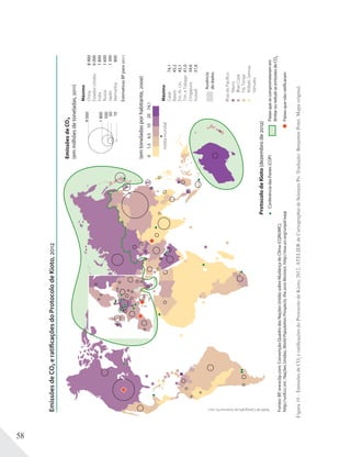 58
Figura19–EmissõesdeCO2
eratificaçõesdoProtocolodeKioto,2012.ATELIERdeCartographiedeSciencesPo.Tradução:BenjaminPotet.Mapaoriginal.
Nauru
IlhasdoPacífico
IlhasCook
Fiji,Tonga
Kiribati,Samoa,
Vanuatu
9000
1800
500
50
16
Fontes:BP,www.bp.com;Convenção-QuadrodasNaçõesUnidassobreMudançadoClima(CQNUMC),
http://unfccc.int;NaçõesUnidas,WorldPopulationProspects,the2010Revision,http://esa.un.org/unpd/wpp
EmissõesdeCO2
(emmilhõesdetoneladas,2011)
ProtocolodeKoto(dezembro2012)
(emtoneladasporhabitante,2008)
0
EstimativasBPpara2011
1,54,5102074,1
Ausência
dedados
Paísesquenãoratificaram
Paísesquesecomprometeramem
limitaroureduzirasemissõesdeCO2
ConferênciadasPartes(COP)
médiamundial
EmissõesdeCO2eratificaçõesdoProtocolodeKioto,2012
Máximo
Máximo
Catar
Barein
Em.Ár.Un.
Trin.eTobago
Cingapura
Kuwait
74,1
43,2
43,1
41,0
34,6
31,6
China
EstadosUnidos
Índia
Russia
Japão
Alemanha
8900
6000
1800
1600
1300
800
AteliêdeCartografiadaSciencesPo,2012
 