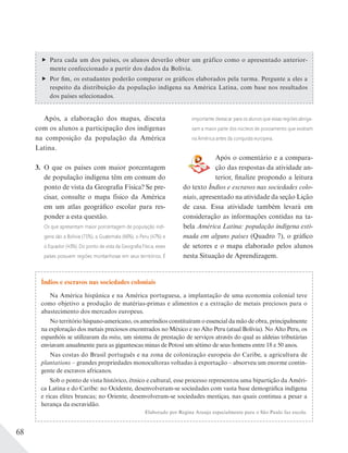 68
Para cada um dos países, os alunos deverão obter um gráfico como o apresentado anterior-
mente confeccionado a partir dos dados da Bolívia.
Por fim, os estudantes poderão comparar os gráficos elaborados pela turma. Pergunte a eles a
respeito da distribuição da população indígena na América Latina, com base nos resultados
dos países selecionados.
Índios e escravos nas sociedades coloniais
Na América hispânica e na América portuguesa, a implantação de uma economia colonial teve
como objetivo a produção de matérias-primas e alimentos e a extração de metais preciosos para o
abastecimento dos mercados europeus.
No território hispano-americano, os ameríndios constituíram o essencial da mão de obra, principalmente
na exploração dos metais preciosos encontrados no México e no Alto Peru (atual Bolívia). No Alto Peru, os
espanhóis se utilizaram da mita, um sistema de prestação de serviços através do qual as aldeias tributárias
enviavam anualmente para as gigantescas minas de Potosí um sétimo de seus homens entre 18 e 50 anos.
Nas costas do Brasil português e na zona de colonização europeia do Caribe, a agricultura de
plantations – grandes propriedades monocultoras voltadas à exportação – absorveu um enorme contin-
gente de escravos africanos.
Sob o ponto de vista histórico, étnico e cultural, esse processo representou uma bipartição da Améri-
ca Latina e do Caribe: no Ocidente, desenvolveram-se sociedades com vasta base demográfica indígena
e ricas elites brancas; no Oriente, desenvolveram-se sociedades mestiças, nas quais continua a pesar a
herança da escravidão.
Elaborado por Regina Araujo especialmente para o São Paulo faz escola.
Após, a elaboração dos mapas, discuta
com os alunos a participação dos indígenas
na composição da população da América
Latina.
3. O que os países com maior porcentagem
de população indígena têm em comum do
ponto de vista da Geografia Física? Se pre-
cisar, consulte o mapa físico da América
em um atlas geográfico escolar para res-
ponder a esta questão.
Os que apresentam maior porcentagem de população indí-
gena são a Bolívia (71%), a Guatemala (66%), o Peru (47%) e
o Equador (43%). Do ponto de vista da Geograﬁa Física, esses
países possuem regiões montanhosas em seus territórios. É
importante destacar para os alunos que essas regiões abriga-
vam a maior parte dos núcleos de povoamento que existiam
na América antes da conquista europeia.
Após o comentário e a compara-
ção das respostas da atividade an-
terior, finalize propondo a leitura
do texto Índios e escravos nas sociedades colo-
niais, apresentado na atividade da seção Lição
de casa. Essa atividade também levará em
consideração as informações contidas na ta-
bela América Latina: população indígena esti-
mada em alguns países (Quadro 7), o gráfico
de setores e o mapa elaborado pelos alunos
nesta Situação de Aprendizagem.
 