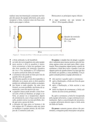 12
20m
40 m
Quadro de remissão
Zona proibida
R = 3 m
Figura 2 – Terreno de 40 m × 20 m em que acontece o jogo (quadra oficial).
Destacamos as principais regras oficiais:
o jogo acontece em um terreno de
40 m × 20 m (quadra oficial);
a bola utilizada é a de handebol;
ao todo são nove jogadores em cada equipe;
para acertar o alvo (a quadra), é neces-
sário arremessar a bola em qualquer um
dos dois quadros de remissão (quadros
de 1 m × 1 m, inclinados a 55°) dispostos
na parte central da linha de fundo;
o arremesso não pode ser feito por trás do
quadro (fora da quadra);
não há uma quadra ou um alvo específico a
defender ou a atacar, pois os dois quadros
podem ser utilizados por ambas as equipes;
em frente a cada quadro, há uma área
frontal, ou zona proibida, em forma de se-
micírculo, com três metros de raio;
o jogador nunca pode invadir a área fron-
tal com a bola ao finalizar, ao pegar o re-
bote, ao passar ou a recepcionar; depois
de arremessá-la, caso o faça a partir de um
salto, poderá entrar na área proibida, des-
de que sem a posse da bola;
a duração do jogo para os homens é de
três tempos de 15 minutos cada um; para
as mulheres e equipes mistas, de três tem-
pos de 12 minutos cada um.
Os pontos: o simples fato de atingir o quadro
não é suficiente para marcar pontos, pois ele fun-
ciona apenas como um meio para obter a pon-
tuação. Para conquistar algum ponto a partir do
arremesso, a bola deve tocar o quadro e cair em
alguma parte da quadra (menos na área que fica
em frente aos quadros, a zona proibida). Um jo-
gador concede pontos à equipe adversária se:
não acertar o quadro após o arremesso;
após a finalização, a bola cair fora da qua-
dra de jogo;
após a finalização, a bola acertar o seu
corpo;
antes ou depois de arremessar, a bola cair
dentro da área (zona proibida).
Se, após o arremesso, a bola for recuperada
pela equipe adversária, o jogo continuará nor-
malmente. Após a concretização de um ponto,
a equipe adversária deverá repor a bola atrás
da linha de fundo.
Os passes: somente passes aéreos são per-
mitidos, e ninguém pode interceptar um passe.
©ConexãoEditorial
realizar uma movimentação constante em fun-
ção dos passes da equipe adversária, pois, para
recuperar a bola, é preciso estar em boas con-
dições para pegar o rebote.
 