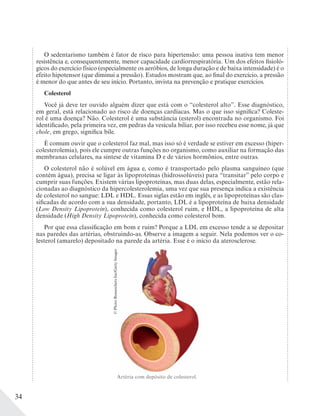 34
O sedentarismo também é fator de risco para hipertensão: uma pessoa inativa tem menor
resistência e, consequentemente, menor capacidade cardiorrespiratória. Um dos efeitos fisioló-
gicos do exercício físico (especialmente os aeróbios, de longa duração e de baixa intensidade) é o
efeito hipotensor (que diminui a pressão). Estudos mostram que, ao final do exercício, a pressão
é menor do que antes de seu início. Portanto, invista na prevenção e pratique exercícios.
Colesterol
Você já deve ter ouvido alguém dizer que está com o “colesterol alto”. Esse diagnóstico,
em geral, está relacionado ao risco de doenças cardíacas. Mas o que isso significa? Coleste-
rol é uma doença? Não. Colesterol é uma substância (esterol) encontrada no organismo. Foi
identificado, pela primeira vez, em pedras da vesícula biliar, por isso recebeu esse nome, já que
chole, em grego, significa bile.
É comum ouvir que o colesterol faz mal, mas isso só é verdade se estiver em excesso (hiper-
colesterolemia), pois ele cumpre outras funções no organismo, como auxiliar na formação das
membranas celulares, na síntese de vitamina D e de vários hormônios, entre outras.
O colesterol não é solúvel em água e, como é transportado pelo plasma sanguíneo (que
contém água), precisa se ligar às lipoproteínas (hidrossolúveis) para “transitar” pelo corpo e
cumprir suas funções. Existem várias lipoproteínas, mas duas delas, especialmente, estão rela-
cionadas ao diagnóstico da hipercolesterolemia, uma vez que sua presença indica a existência
de colesterol no sangue: LDL e HDL. Essas siglas estão em inglês, e as lipoproteínas são clas-
sificadas de acordo com a sua densidade, portanto, LDL é a lipoproteína de baixa densidade
(Low Density Lipoprotein), conhecida como colesterol ruim, e HDL, a lipoproteína de alta
densidade (High Density Lipoprotein), conhecida como colesterol bom.
Por que essa classificação em bom e ruim? Porque a LDL em excesso tende a se depositar
nas paredes das artérias, obstruindo-as. Observe a imagem a seguir. Nela podemos ver o co-
lesterol (amarelo) depositado na parede da artéria. Esse é o início da aterosclerose.
Artéria com depósito de colesterol.
©PhotoResearchersInc/GettyImages
 