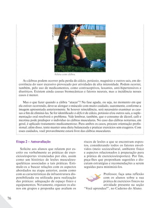76
As cãibras podem ocorrer pela perda de cálcio, potássio, magnésio e outros sais, em de-
corrência do suor excessivo provocado por atividades de alta intensidade. Podem ocorrer,
também, pelo uso de medicamentos, como contraceptivos, laxantes, anti-hipertensivos e
diuréticos. Existem ainda causas biomecânicas e fatores neurais, mas a incidência nesses
casos é menor.
Mas o que fazer quando a cãibra “atacar”? Na fase aguda, ou seja, no momento em que
ela estiver ocorrendo, deve-se alongar o músculo com muito cuidado, suavemente, conforme a
imagem apresentada anteriormente. Se houver reincidência, será necessário examinar as cau-
sas a fim de eliminá-las. Se for identificado o déficit de cálcio, potássio e/ou outros sais, a suple-
mentação oral resolverá o problema. Vale lembrar, também, que o consumo de álcool, café e
nicotina pode predispor o indivíduo às cãibras musculares. No caso das cãibras noturnas, em
geral, é aplicado tratamento medicamentoso. Para ambos os casos, procure orientação profis-
sional; além disso, tente manter uma dieta balanceada e praticar exercícios sem exageros. Com
esses cuidados, você provavelmente estará livre das cãibras musculares.
©SPL/Latinstock
Atleta com cãibra.
Etapa 2 – Autoavaliação
Solicite aos alunos que relatem por es-
crito ou verbalmente as práticas de exer-
cícios/esportes vivenciadas por eles, assim
como um histórico de lesões musculoes-
queléticas associadas a tais práticas. Esti-
mule-os a buscar relações com os aspectos
abordados na etapa anterior, assim como
com as características da infraestrutura dis-
ponibilizada ou utilizada para realização
das práticas: adequação de espaço físico e
equipamentos. Novamente, organize os alu-
nos em grupos e proponha que avaliem os
riscos de lesões a que se encontram expos-
tos, considerando todos os fatores envol-
vidos (meio sociocultural, ambiente físico
e aspectos relacionados à preparação para
a prática de exercícios/esportes). Por fim,
peça-lhes que proponham sugestões e dis-
cutam estratégias e recomendações a serem
seguidas para minimizá-los.
Professor, faça uma reflexão
com os alunos sobre a sua
prática de exercícios físicos na
atividade presente na seção
“Você aprendeu?”, no Caderno do Aluno.
 