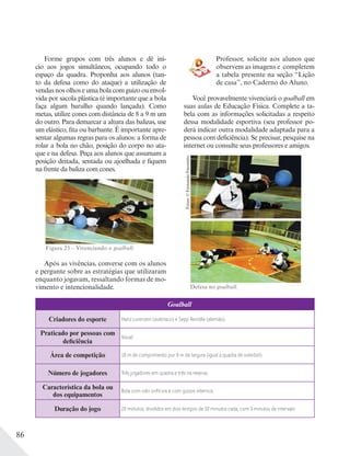 86
Forme grupos com três alunos e dê iní-
cio aos jogos simultâneos, ocupando todo o
espaço da quadra. Proponha aos alunos (tan-
to da defesa como do ataque) a utilização de
vendas nos olhos e uma bola com guizo ou envol-
vida por sacola plástica (é importante que a bola
faça algum barulho quando lançada). Como
metas, utilize cones com distância de 8 a 9 m um
do outro. Para demarcar a altura das balizas, use
um elástico, fita ou barbante. É importante apre-
sentar algumas regras para os alunos: a forma de
rolar a bola no chão, posição do corpo no ata-
que e na defesa. Peça aos alunos que assumam a
posição deitada, sentada ou ajoelhada e fiquem
na frente da baliza com cones.
Figura 23 – Vivenciando o goalball.
Goalball
Criadores do esporte Hanz Lorenzen (austríaco) e Sepp Reindle (alemão).
Praticado por pessoas com
deficiência
Visual.
Área de competição 18 m de comprimento por 9 m de largura (igual à quadra de voleibol).
Número de jogadores Três jogadores em quadra e três na reserva.
Característica da bola ou
dos equipamentos
Bola com oito orifícios e com guizos internos.
Duração do jogo 20 minutos, divididos em dois tempos de 10 minutos cada, com 3 minutos de intervalo.
Após as vivências, converse com os alunos
e pergunte sobre as estratégias que utilizaram
enquanto jogavam, ressaltando formas de mo-
vimento e intencionalidade.
Professor, solicite aos alunos que
observem as imagens e completem
a tabela presente na seção “Lição
de casa”, no Caderno do Aluno.
Você provavelmente vivenciará o goalball em
suas aulas de Educação Física. Complete a ta-
bela com as informações solicitadas a respeito
dessa modalidade esportiva (seu professor po-
derá indicar outra modalidade adaptada para a
pessoa com deficiência). Se precisar, pesquise na
internet ou consulte seus professores e amigos.
Defesa no goalball.
Fotos:©FernandoFavoretto
 