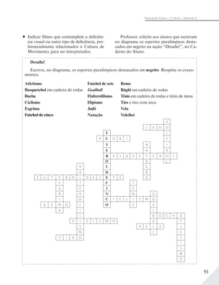 91
Educação Física – 2a
série – Volume 2
Indicar filmes que contemplem a deficiên-
cia visual ou outro tipo de deficiência, pre-
ferencialmente relacionados à Cultura de
Movimento, para ser interpretados.
Professor, solicite aos alunos que escrevam
no diagrama os esportes paralímpicos desta-
cados em negrito na seção “Desafio!”, no Ca-
derno do Aluno.
Desafio!
Escreva, no diagrama, os esportes paralímpicos destacados em negrito. Respeite os cruza-
mentos.
Atletismo Futebol de sete Remo
Basquetebol em cadeira de rodas Goalball Rúgbi em cadeira de rodas
Bocha Halterofilismo Tênis em cadeira de rodas e tênis de mesa
Ciclismo Hipismo Tiro e tiro com arco
Esgrima Judô Vela
Futebol de cinco Natação Voleibol
V
J U D O
F L
R U G B I E
T N I
E A B
B A S Q U E T E B O L
O A L
H L Ç
A D Ã
F U T E B O L D E S E T E O
S T C T
G E I E
R R N N G
I O C I C L I S M O
R E M O F O S A
A I L
L B O C H A
H I P I S M O A T
S V E L A L
M L E
T I R O T
I
S
M
O
 