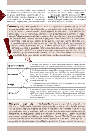 118
ticas corporais sistematizadas: comparação de
um determinado desempenho entre indivíduos
ou grupos (adversários); e existência de um con-
junto de regras institucionalizadas por organiza-
ções (associações, federações e confederações
esportivas), responsáveis pelo estabelecimento
Professor, é importante problematizar as noções apresentadas pelos alunos, pois eles
precisam perceber que elas podem não ser suficientemente claras para diferenciar es-
porte de outras manifestações da cultura corporal de movimento. Caso não tenham
apresentado noções divergentes, intervenha com perguntas que exponham a “incon-
sistência” das noções generalistas de esporte. Por exemplo: quem veio caminhando à
escola hoje? Tendo respostas positivas, pergunte: vocês fizeram esporte durante essa
caminhada? Peça para que descrevam de que modo um gari recolhe o lixo das ruas,
e logo indague: o gari faz esporte quando corre atrás do caminhão carregando sacos
de lixo? Faça o mesmo em relação ao exercício físico (como as caminhadas e/ou
corridas aeróbicas) e aos jogos motores populares (amarelinhas, tacobol ou jogo de
taco, elástico, etc.). O importante é que eles compreendam que nem todo tipo de
prática corporal sistematizada é esporte, e que o uso restrito desse conceito auxilia
no estudo deste e dos demais temas tratados em Educação Física.
1. Atividade física realizada de forma planejada e sistemática, de frequência e
intensidade definidas, com o objetivo de melhorar ou manter a condição física.a) Atividade Física
b) Exercício
c) Jogo
d) Esporte
2. Manifestação da cultura corporal de movimento, orientada pela comparação
de um determinado desempenho entre indivíduos ou grupos (adversários);
regida por um conjunto de regras institucionalizadas por organizações
(associações, federações e confederações esportivas), as quais definem as
normas de disputa e promovem o desenvolvimento da modalidade em todos
os níveis de competição.
3. Qualquer movimento produzido pelos músculos esqueléticos que resulte em
um gasto de energia física acima do basal.
4. Atividade voluntária exercida dentro de determinados limites de tempo e
espaço, e se caracteriza, basicamente, pelo seguinte: criação e alteração de
regras pelos próprios participantes, obediência de cada participante ao que foi
combinado coletivamente e apreciação do ato de jogar sem qualquer interesse
em um resultado final.
Dica para a seção Lógicas do Esporte: Aproveite o painel de fotografias 1,
que está no Caderno do Aluno para mostrar a diversidade das modalidades esporti-
vas. Se preferir, capture imagens de outras modalidades na internet e faça slides (ou
transparências) para projeção em aula, ou então solicite à turma que traga material
(fotografias, revistas, jornais) para a montagem de outro painel. Desafie os alunos
a arriscarem formas de classificar as modalidades (formar “famílias”) com base nos
critérios que eles mesmos espontaneamente apontaram. Esse exercício os ajudará a
reconhecer se os critérios por eles utilizados pertencem à lógica interna ou externa.
de normas para as disputas de uma determinada
modalidade em todos os níveis de competição.
Em seguida proponha que realizem a Ativi-
dade nº 2. A tarefa é, basicamente, interligar os
termos (coluna da esquerda) com suas respecti-
vas definições (coluna da direita).
 