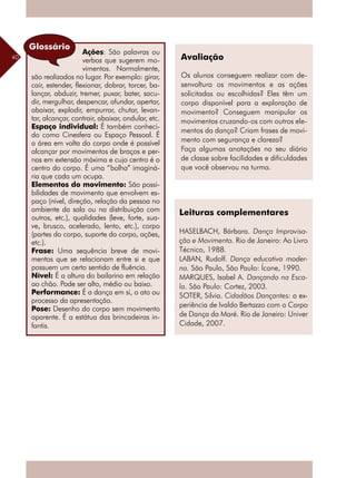 40
Ações: São palavras ou
verbos que sugerem mo-
vimentos. Normalmente,
são realizados no lugar. Por exemplo: girar,
cair, estender, flexionar, dobrar, torcer, ba-
lançar, abduzir, tremer, puxar, bater, sacu-
dir, mergulhar, despencar, afundar, apertar,
abaixar, explodir, empurrar, chutar, levan-
tar, alcançar, contrair, abaixar, ondular, etc.
Espaço individual: É também conheci-
do como Cinesfera ou Espaço Pessoal. É
a área em volta do corpo onde é possível
alcançar por movimentos de braços e per-
nas em extensão máxima e cujo centro é o
centro do corpo. É uma “bolha” imaginá-
ria que cada um ocupa.
Elementos do movimento: São possi-
bilidades de movimento que envolvem es-
paço (nível, direção, relação da pessoa no
ambiente da sala ou na distribuição com
outros, etc.), qualidades (leve, forte, sua-
ve, brusco, acelerado, lento, etc.), corpo
(partes do corpo, suporte do corpo, ações,
etc.).
Frase: Uma sequência breve de movi-
mentos que se relacionam entre si e que
possuem um certo sentido de fluência.
Nível: É a altura do bailarino em relação
ao chão. Pode ser alto, médio ou baixo.
Performance: É a dança em si, o ato ou
processo da apresentação.
Pose: Desenho do corpo sem movimento
aparente. É a estátua das brincadeiras in-
fantis.
Avaliação
Os alunos conseguem realizar com de-
senvoltura os movimentos e as ações
solicitadas ou escolhidas? Eles têm um
corpo disponível para a exploração de
movimento? Conseguem manipular os
movimentos cruzando-os com outros ele-
mentos da dança? Criam frases de movi-
mento com segurança e clareza?
Faça algumas anotações no seu diário
de classe sobre facilidades e dificuldades
que você observou na turma.
Leituras complementares
HASELBACH, Bárbara. Dança Improvisa-
ção e Movimento. Rio de Janeiro: Ao Livro
Técnico, 1988.
LABAN, Rudolf. Dança educativa moder-
na. São Paulo, São Paulo: Ícone, 1990.
MARQUES, Isabel A. Dançando na Esco-
la. São Paulo: Cortez, 2003.
SOTER, Silvia. Cidadãos Dançantes: a ex-
periência de Ivaldo Bertazzo com o Corpo
de Dança da Maré. Rio de Janeiro: Univer
Cidade, 2007.
Glossário
 