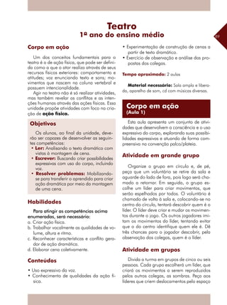 89
Um dos conceitos fundamentais para o
­teatro é o de ação física, que pode ser defini-
da como a que o ator realiza através de seus
recursos físicos exteriores: comportamento e
atitudes; voz enunciando texto e sons; mo-
vimentos que nascem na coluna vertebral e
possuem intencionalidade.
Agir no teatro não é só realizar atividades,
mas também revelar os conflitos e as inten-
ções humanas através das ações físicas. Essa
unidade propõe atividades com foco na cria-
ção de ação física.
	
Habilidades
Para atingir as competências acima
enumeradas, será necessário:
a. Criar ação física.
b. Trabalhar vocalmente as qualidades de vo-
lume, altura e ritmo.
c. Reconhecer características e conflito gera-
dor de ação dramática.
d. Elaborar cena coletivamente.
Conteúdos
• Uso expressivo da voz.
• Conhecimento de qualidades da ação fí-
sica.
• Experimentação de construção de cenas a
partir de texto dramático.
• Exercício de observação e análise das pro-
postas dos colegas.
Tempo aproximado: 2 aulas
Material necessário: Sala ampla e libera-
da, aparelho de som, cd com músicas diversas.
Esta aula apresenta um conjunto de ativi-
dades que desenvolvem a consciência e o uso
expressivo do corpo, explorando suas possibi-
lidades expressivas e atuando de forma com-
preensiva na convenção palco/plateia.
Atividade em grande grupo
Organize o grupo em círculo e, de pé,
peça que um voluntário se retire da sala e
aguarde do lado de fora, pois logo será cha-
mado a retornar. Em seguida, o grupo es-
colhe um líder para criar movimentos, que
serão espelhados por todos. O voluntário é
chamado de volta à sala e, colocando-se no
centro do círculo, tentará descobrir quem é o
líder. O líder deve criar e mudar os movimen-
tos durante o jogo. Os outros jogadores imi-
tam os movimentos do líder, tentando evitar
que o do centro identifique quem ele é. Dê
três chances para o jogador descobrir, pela
observação dos colegas, quem é o líder.
Atividade em grupos
Divida a turma em grupos de cinco ou seis
pessoas. Cada grupo escolherá um líder, que
criará os movimentos a serem reproduzidos
pelos outros colegas, as sombras. Peça aos
líderes que criem deslocamentos pelo espaço
Corpo em ação
Teatro
1º ano do ensino médio
Corpo em ação
(Aula 1)
Objetivos
Os alunos, ao final da unidade, deve-
rão ser capazes de desenvolver as seguin-
tes competências:
• Ler: Analisando o texto dramático com
vistas à montagem de cena.
• Escrever: Buscando criar possibilidades
expressivas com uso do corpo, incluindo
voz.
• Resolver problemas: Mobilizando-
se para transferir o aprendido para criar
ação dramática por meio da montagem
de uma cena.
 