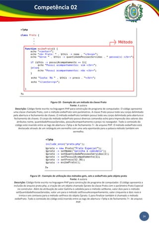 24
Competência 02
Figura 18 - Exemplo de um método da classe Prato
Fonte: A autora
Descrição: Código-fonte escrito na linguagem PHP para construção de programa de computador. O código apresenta
uma classe chamada Prato, com o método exibePrato sem parâmetros. A classe Prato possui todo seu corpo delimitado
pela abertura e fechamento de chaves. O método exibePrato também possui todo seu corpo delimitado pela abertura e
fechamento de chaves. O corpo do método exibePrato possui diversos comandos echo para impressão dos valores dos
atributos nome, quantidadePessoasServidas, possuiAcompanhamento e preço no navegador. Todo o conteúdo do
código está inserido entre as tags de abertura <?php e de fechamento ?> de arquivo PHP. O método exibePrato está
destacado através de um retângulo em vermelho com uma seta apontando para a palavra método também em
vermelho.
Figura 19 - Exemplo de utilização dos métodos gets, sets e exibePrato pelo objeto prato
Fonte: A autora
Descrição: Código-fonte escrito na linguagem PHP para construção de programa de computador. O código apresenta a
inclusão do arquivo prato.php, a criação de um objeto chamado $prato da classe Prato com o parâmetro Prato Especial
no construtor. Além da atribuição do valor Galinha à cabidela para o método setNome, valor dois para o método
setQuantidadePessoasServidas, valor um para o método setPossuiAcompanhamento, valor cinquenta e dois reais e
trinta e seis centavos para o método setPreco do objeto $prato. E para finalizar também é chamado o método
exibePrato. Todo o conteúdo do código está inserido entre as tags de abertura <?php e de fechamento ?> de arquivo
PHP.
 