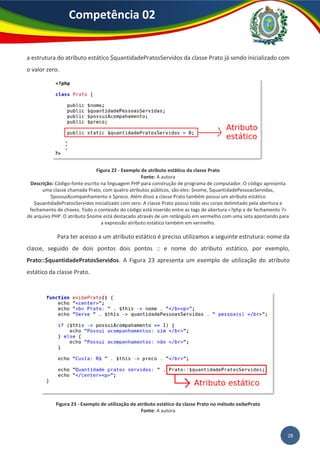 28
Competência 02
a estrutura do atributo estático $quantidadePratosServidos da classe Prato já sendo inicializado com
o valor zero.
Figura 22 - Exemplo de atributo estático da classe Prato
Fonte: A autora
Descrição: Código-fonte escrito na linguagem PHP para construção de programa de computador. O código apresenta
uma classe chamada Prato, com quatro atributos públicos, são eles: $nome, $quantidadePessoasServidas,
$possuiAcompanhamento e $preco. Além disso a classe Prato também possui um atributo estático
$quantidadePratosServidos inicializado com zero. A classe Prato possui todo seu corpo delimitado pela abertura e
fechamento de chaves. Todo o conteúdo do código está inserido entre as tags de abertura <?php e de fechamento ?>
de arquivo PHP. O atributo $nome está destacado através de um retângulo em vermelho com uma seta apontando para
a expressão atributo estático também em vermelho.
Para ter acesso a um atributo estático é preciso utilizamos a seguinte estrutura: nome da
classe, seguido de dois pontos dois pontos :: e nome do atributo estático, por exemplo,
Prato::$quantidadePratosServidos. A Figura 23 apresenta um exemplo de utilização do atributo
estático da classe Prato.
Figura 23 - Exemplo de utilização do atributo estático da classe Prato no método exibePrato
Fonte: A autora
 