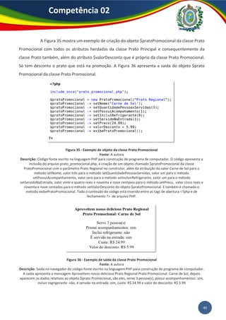 40
Competência 02
A Figura 35 mostra um exemplo de criação do objeto $pratoPromocional da classe Prato
Promocional com todos os atributos herdados da classe Prato Principal e consequentemente da
classe Prato também, além do atributo $valorDesconto que é próprio da classe Prato Promocional.
Só tem desconto o prato que está na promoção. A Figura 36 apresenta a saída do objeto $prato
Promocional da classe Prato Promocional.
Figura 35 - Exemplo de objeto da classe Prato Promocional
Fonte: A autora
Descrição: Código-fonte escrito na linguagem PHP para construção de programa de computador. O código apresenta a
inclusão do arquivo prato_promocional.php, a criação de um objeto chamado $pratoPromocional da classe
PratoPromocional com o parâmetro Prato Regional no construtor, além da atribuição do valor Carne de Sol para o
método setNome, valor três para o método setQuantidadePessoasServidas, valor um para o método
setPossuiAcompanhamento, valor zero para o método setIncluirRefrigerante, valor um para o método
setServidoNaEntrada, valor vinte e quatro reais e noventa e nove centavos para o método setPreco, valor cinco reais e
noventa e nove centados para o método setValorDesconto do objeto $pratoPromocional. E também é chamado o
método exibePratoPromocional. Todo o conteúdo do código está inserido entre as tags de abertura <?php e de
fechamento ?> de arquivo PHP.
Figura 36 - Exemplo de saída da classe Prato Promocional
Fonte: A autora
Descrição: Saída no navegador do código-fonte escrito na linguagem PHP para construção de programa de computador.
A saída apresenta a mensagem Aproveitem nosso delicioso Prato Regional Prato Promocional: Carne de Sol, depois
aparecem os dados relativos ao objeto $prato Promocional, são eles, serve 3 pessoa(s), possui acompanhamentos: sim,
incluir regrigerante: não, é servido na entrada: sim, custa: R$ 24.99 e valor do desconto: R$ 5.99
 