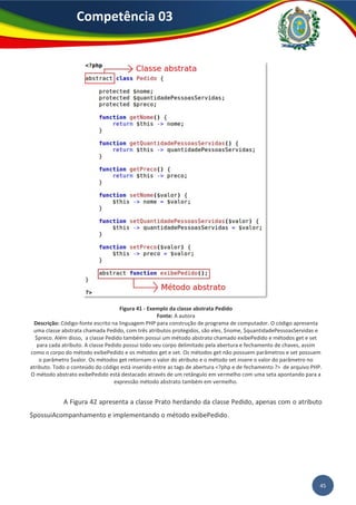 45
Competência 03
Figura 41 - Exemplo da classe abstrata Pedido
Fonte: A autora
Descrição: Código-fonte escrito na linguagem PHP para construção de programa de computador. O código apresenta
uma classe abstrata chamada Pedido, com três atributos protegidos, são eles, $nome, $quantidadePessoasServidas e
$preco. Além disso, a classe Pedido também possui um método abstrato chamado exibePedido e métodos get e set
para cada atributo. A classe Pedido possui todo seu corpo delimitado pela abertura e fechamento de chaves, assim
como o corpo do método exibePedido e os métodos get e set. Os métodos get não possuem parâmetros e set possuem
o parâmetro $valor. Os métodos get retornam o valor do atributo e o método set insere o valor do parâmetro no
atributo. Todo o conteúdo do código está inserido entre as tags de abertura <?php e de fechamento ?> de arquivo PHP.
O método abstrato exibePedido está destacado através de um retângulo em vermelho com uma seta apontando para a
expressão método abstrato também em vermelho.
A Figura 42 apresenta a classe Prato herdando da classe Pedido, apenas com o atributo
$possuiAcompanhamento e implementando o método exibePedido.
 