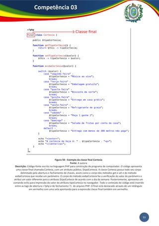 53
Competência 03
Figura 50 - Exemplo da classe final Cortesia
Fonte: A autora
Descrição: Código-fonte escrito na linguagem PHP para construção de programa de computador. O código apresenta
uma classe final chamada Cortesia, com um atributo público, $tipoCortesia. A classe Cortesia possui todo seu corpo
delimitado pela abertura e fechamento de chaves, assim como o corpo dos métodos get e set e do método
exibeCortesia que recebe um parâmetro. O corpo do método exibeCortesia faz a verificação do valor do parâmetro e
atribuí um valor diferente para o atributo $tipoCortesia de acordo com o dia da semana. Posteriomente, apresenta um
comando echo para impressão do valor do atributo tipoCortesia no navegador. Todo o conteúdo do código está inserido
entre as tags de abertura <?php e de fechamento ?> de arquivo PHP. O final está destacado através de um retângulo
em vermelho com uma seta apontando para a expressão classe final também em vermelho.
 