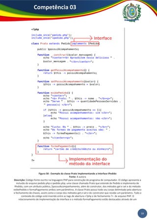 59
Competência 03
Figura 58 - Exemplo da classe Prato implementando a interface IPedido
Fonte: A autora
Descrição: Código-fonte escrito na linguagem PHP para construção de programa de computador. O código apresenta a
inclusão do arquivo pedido.php e ipedido.php, uma classe chamada Prato que estende de Pedido e implementa de
IPedido, com um atributo público, $possuiAcompanhamento, além do construtor, dos métodos get e set e do método
exibePedido e formaPagamento ambos sem parâmetros. A classe Prato possui todo seu corpo delimitado pela abertura
e fechamento de chaves, assim como o corpo dos métodos get e set e do construtor que recebe um parâmetro. Todo o
conteúdo do código está inserido entre as tags de abertura <?php e de fechamento ?> de arquivo PHP. O
relacionamento de implementação da interface e o método formaPagamento estão destacados através de um
 