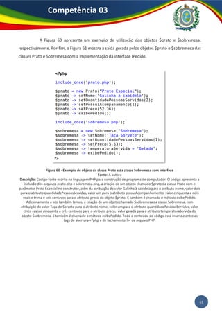 61
Competência 03
A Figura 60 apresenta um exemplo de utilização dos objetos $prato e $sobremesa,
respectivamente. Por fim, a Figura 61 mostra a saída gerada pelos objetos $prato e $sobremesa das
classes Prato e Sobremesa com a implementação da interface IPedido.
Figura 60 - Exemplo de objeto da classe Prato e da classe Sobremesa com interface
Fonte: A autora
Descrição: Código-fonte escrito na linguagem PHP para construção de programa de computador. O código apresenta a
inclusão dos arquivos prato.php e sobremesa.php, a criação de um objeto chamado $prato da classe Prato com o
parâmetro Prato Especial no construtor, além da atribuição do valor Galinha à cabidela para o atributo nome, valor dois
para o atributo quantidadePessoasServidas, valor um para o atributo possuiAcompanhamento, valor cinquenta e dois
reais e trinta e seis centavos para o atributo preco do objeto $prato. E também é chamado o método exibePedido.
Adicionamente a isto também temos, a criação de um objeto chamado $sobremesa da classe Sobremesa, com
atribuição do valor Taça de Sorvete para o atributo nome, valor um para o atributo quantidadePessoasServidas, valor
cinco reais e cinquenta e três centavos para o atributo preco, valor gelada para o atributo temperaturaServida do
objeto $sobremesa. E também é chamado o método exibePedido. Todo o conteúdo do código está inserido entre as
tags de abertura <?php e de fechamento ?> de arquivo PHP.
 