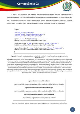 72
Competência 03
A Figura 68 apresenta um exemplo de utilização dos objetos $prato, $pratoPrincipal e
$pratoPromocional e a chamada do método estático verificarFormaPagamento da classe Pedido. Por
fim, a Figura 69 mostra a saída gerada pelos objetos $prato, $pratoPrincipal e $pratoPromocional das
classes Prato, PratoPrincipal e PratoPromocional com as diferentes formas de pagamento.
Figura 68 - Exemplo de objeto da classe Prato, Prato Principal e Prato Promocional com polimorfismo
Fonte: A autora
Descrição: Código-fonte escrito na linguagem PHP para construção de programa de computador. O código apresenta a
inclusão dos arquivos prato.php, prato_principal.php e prato_promocional.php, a criação de um objeto chamado $prato
da classe Prato com o parâmetro Prato no construtor. E também é chamado o método verificarFormaPagamento da
classe Pedido passando o objeto $prato como parâmetro. Adicionamente a isto também temos, a criação de um objeto
chamado chamado $pratoPrincipal da classe PratoPrincipal com o parâmetro Prato Principal no construtor. E também é
chamado o método verificarFormaPagamento da classe Pedido passando o objeto $pratoPrincipal como parâmetro.
Além disso também temos, a criação de um objeto chamado chamado $pratoPromocional da classe PratoPromocional
com o parâmetro Prato Promocional no construtor. E também é chamado o método verificarFormaPagamento da classe
Pedido passando o objeto $pratoPromocional como parâmetro.
Figura 69 - Exemplo de saída da classe Prato, Prato Principal e Prato Promocional com polimorfismo
 