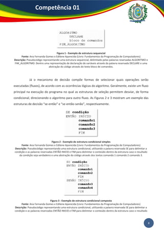 Competência 01
8
Figura 1 - Exemplo de estrutura sequencial
Fonte: Ana Fernanda Gomes e Edilene Aparecida (Livro: Fundamentos da Programação de Computadores)
Descrição: Pseudocódigo representando uma estrutura sequencial, delimitado pelas palavras reservadas ALGORITMO e
FIM_ALGORITMO. Dentro uma representação de declaração de variáveis através da palavra reservada DECLARE e uma
abstração do código através do texto bloco de comandos.
Já o mecanismo de decisão compõe formas de selecionar quais operações serão
executadas (fluxos), de acordo com as ocorrências lógicas do algoritmo. Geralmente, existe um fluxo
principal na execução do programa no qual as estruturas de seleção permitem desviar, de forma
condicional, direcionando o algoritmo para outro fluxo. As Figuras 2 e 3 mostram um exemplo das
estruturas de decisão “se-então” e “se-então-senão”, respectivamente.
Figura 2 - Exemplo de estrutura condicional simples
Fonte: Ana Fernanda Gomes e Edilene Aparecida (Livro: Fundamentos da Programação de Computadores)
Descrição: Pseudocódigo representando uma estrutura condicional, utilizando a palavra reservada SE para delimitar a
condição e as palavras reservadas ENTÃO INICIO e FIM para delimitar o conteúdo dentro da estrutura caso o resultado
da condição seja verdadeiro e uma abstração do código através dos textos comando 1 comando 2 comando 3.
Figura 3 - Exemplo de estrutura condicional composta
Fonte: Ana Fernanda Gomes e Edilene Aparecida (Livro: Fundamentos da Programação de Computadores)
Descrição: Pseudocódigo representando uma estrutura condicional, utilizando a palavra reservada SE para delimitar a
condição e as palavras reservadas ENTÃO INICIO e FIM para delimitar o conteúdo dentro da estrutura caso o resultado
 