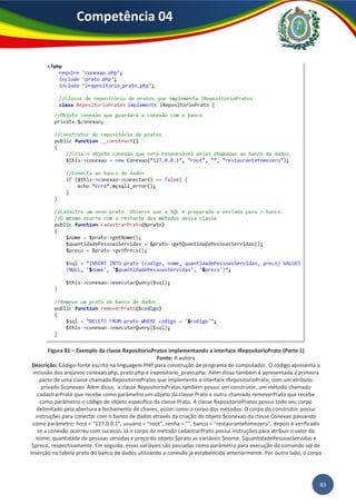 83
Competência 04
Figura 81 – Exemplo da classe RepositorioPratos implementando a interface IRepositorioPrato (Parte 1)
Fonte: A autora
Descrição: Código-fonte escrito na linguagem PHP para construção de programa de computador. O código apresenta a
inclusão dos arquivos conexao.php, prato.php e irepositorio_prato.php. Além disso também é apresentada a primeira
parte de uma classe chamada RepositorioPratos que implementa a interface IRepositorioPrato, com um atributo
privado $conexao. Além disso, a classe RepositorioPratos também possui um construtor, um método chamado
cadastrarPrato que recebe como parâmetro um objeto da classe Prato e outro chamado removerPrato que recebe
como parâmetro o código de objeto específico da classe Prato. A classe RepositorioPratos possui todo seu corpo
delimitado pela abertura e fechamento de chaves, assim como o corpo dos métodos. O corpo do construtor possui
instruções para conectar com o banco de dados através da criação do objeto $conexao da classe Conexao passando
como parâmetro: host = “127.0.0.1”, usuario = “root”, senha = “”, banco = “restaurantefomezero”, depois é verificado
se a conexão ocorreu com sucesso. Já o corpo do método cadastrarPrato possui instruções para atribuir o valor do
nome, quantidade de pessoas servidas e preço do objeto $prato as variáveis $nome, $quantidadePessoasServidas e
$preco, respectivamente. Em seguida, essas variáveis são passadas como parâmetro para execução do comando sql de
inserção na tabela prato do banco de dados utilizando a conexão já estabelecida anteriormente. Por outro lado, o corpo
 