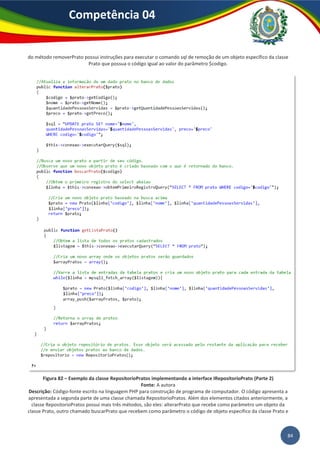 84
Competência 04
do método removerPrato possui instruções para executar o comando sql de remoção de um objeto específico da classe
Prato que possua o código igual ao valor do parâmetro $codigo.
Figura 82 – Exemplo da classe RepositorioPratos implementando a interface IRepositorioPrato (Parte 2)
Fonte: A autora
Descrição: Código-fonte escrito na linguagem PHP para construção de programa de computador. O código apresenta a
apresentada a segunda parte de uma classe chamada RepositorioPratos. Além dos elementos citados anteriormente, a
classe RepositorioPratos possui mais três métodos, são eles: alterarPrato que recebe como parâmetro um objeto da
classe Prato, outro chamado buscarPrato que recebem como parâmetro o código de objeto específico da classe Prato e
 