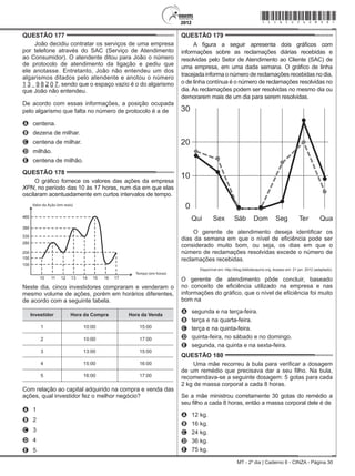 MT - 2º dia | Caderno 6 - CINZA - Página 30
QUESTÃO 177	
João decidiu contratar os serviços de uma empresa
por telefone através do SAC (Serviço de Atendimento
ao Consumidor). O atendente ditou para João o número
de protocolo de atendimento da ligação e pediu que
ele anotasse. Entretanto, João não entendeu um dos
algarismos ditados pelo atendente e anotou o número
1 3    9 8 2 0 7, sendo que o espaço vazio é o do algarismo
que João não entendeu.
De acordo com essas informações, a posição ocupada
pelo algarismo que falta no número de protocolo é a de
A	 centena.
B	 dezena de milhar.
C	 centena de milhar.
D	 milhão.
E	 centena de milhão.
QUESTÃO 178	
O gráfico fornece os valores das ações da empresa
XPN, no período das 10 às 17 horas, num dia em que elas
oscilaram acentuadamente em curtos intervalos de tempo.
460
380
330
280
200
150
100
10 11 12 13 14 15 16 17
Valor da Ação (em reais)
Tempo (em horas)
Neste dia, cinco investidores compraram e venderam o
mesmo volume de ações, porém em horários diferentes,
de acordo com a seguinte tabela.
Investidor Hora da Compra Hora da Venda
1 10:00 15:00
2 10:00 17:00
3 13:00 15:00
4 15:00 16:00
5 16:00 17:00
Com relação ao capital adquirido na compra e venda das
ações, qual investidor fez o melhor negócio?
A	 1
B	 2
C	 3
D	 4
E	 5
QUESTÃO 179	
A figura a seguir apresenta dois gráficos com
informações sobre as reclamações diárias recebidas e
resolvidas pelo Setor de Atendimento ao Cliente (SAC) de
uma empresa, em uma dada semana. O gráfico de linha
tracejada informa o número de reclamações recebidas no dia,
o de linha contínua é o número de reclamações resolvidas no
dia. As reclamações podem ser resolvidas no mesmo dia ou
demorarem mais de um dia para serem resolvidas.
20
10
0
Qui Sex Sáb Dom Se er Qua
O gerente de atendimento deseja identificar os
dias da semana em que o nível de eficiência pode ser
considerado muito bom, ou seja, os dias em que o
número de reclamações resolvidas excede o número de
reclamações recebidas.
Disponível em: http://blog.bibliotecaunix.org. Acesso em: 21 jan. 2012 (adaptado).
O gerente de atendimento pôde concluir, baseado
no conceito de eficiência utilizado na empresa e nas
informações do gráfico, que o nível de eficiência foi muito
bom na
A	 segunda e na terça-feira.
B	 terça e na quarta-feira.
C	 terça e na quinta-feira.
D	 quinta-feira, no sábado e no domingo.
E	 segunda, na quinta e na sexta-feira.
QUESTÃO 180	
Uma mãe recorreu à bula para verificar a dosagem
de um remédio que precisava dar a seu filho. Na bula,
recomendava-se a seguinte dosagem: 5 gotas para cada
2 kg de massa corporal a cada 8 horas.
Se a mãe ministrou corretamente 30 gotas do remédio a
seu filho a cada 8 horas, então a massa corporal dele é de
A	 12 kg.
B	 16 kg.
C	 24 kg.
D	 36 kg.
E	 75 kg.
*cinz25dom30*
 