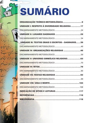 SUMÁRIO
ORGANIZAÇÃO TEÓRICO-METODOLÓGICA...............................9
UNIDADE I: RESPEITO À DIVERSIDADE RELIGIOSA................17
ENCAMINHAMENTO METODOLÓGICO...................................................24
UNIDADE II: LUGARES SAGRADOS.........................................29
ENCAMINHAMENTO METODOLÓGICO...................................................34
UNIDADE III: TEXTOS ORAIS E ESCRITOS – SAGRADOS........39
ENCAMINHAMENTO METODOLÓGICO...................................................46
UNIDADE IV: ORGANIZAÇÕES RELIGIOSAS............................49
ENCAMINHAMENTO METODOLÓGICO...................................................59
UNIDADE V: UNIVERSO SIMBÓLICO RELIGIOSO......................63
ENCAMINHAMENTO METODOLÓGICO...................................................70
UNIDADE VI: RITOS..................................................................79
ENCAMINHAMENTO METODOLÓGICO...................................................90
UNIDADE VII: FESTAS RELIGIOSAS.........................................93
ENCAMINHAMENTO METODOLÓGICO...................................................99
UNIDADE VIII: VIDA E MORTE................................................103
ENCAMINHAMENTO METODOLÓGICO.................................................108
INDICAÇÃO DE SÍTIOS E LEITURAS.......................................117
REFERÊNCIAS.........................................................................118
BIBLIOGRAFIA........................................................................118
 