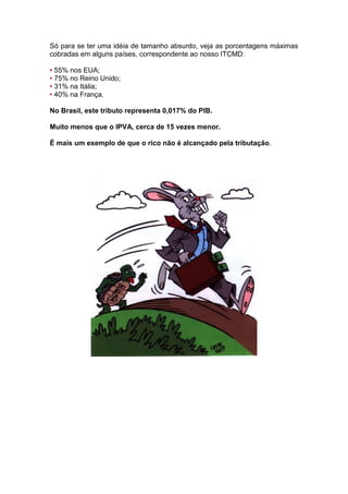Só para se ter uma idéia de tamanho absurdo, veja as porcentagens máximas
cobradas em alguns países, correspondente ao nosso ITCMD:

• 55% nos EUA;
• 75% no Reino Unido;
• 31% na Itália;
• 40% na França.

No Brasil, este tributo representa 0,017% do PIB.

Muito menos que o IPVA, cerca de 15 vezes menor.

É mais um exemplo de que o rico não é alcançado pela tributação.
 