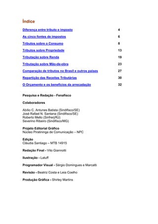 Índice
Diferença entre tributo e imposto                  4

As cinco fontes de impostos                        6

Tributos sobre o Consumo                           8

Tributos sobre Propriedade                         13

Tributação sobre Renda                             19

Tributação sobre Mão-de-obra                       23

Comparação de tributos no Brasil e outros países   27

Repartição das Receitas Tributárias                30

O Orçamento e os benefícios da arrecadação         32


Pesquisa e Redação - Fenafisco

Colaboradores

Abílio C. Antunes Batista (Sindifisco/SE)
José Rafael N. Santana (Sindifisco/SE)
Roberto Mello (Sinfrerj/RJ)
Severino Ribeiro (Sindifisco/MG)

Projeto Editorial Gráfico
Núcleo Piratininga de Comunicação – NPC

Edição
Cláudia Santiago – MTB 14915

Redação Final - Vito Giannotti

Ilustração - Latuff

Programador Visual - Sérgio Domingues e Marcatti

Revisão - Beatriz Costa e Leia Coelho

Produção Gráfica - Shirley Martins
 