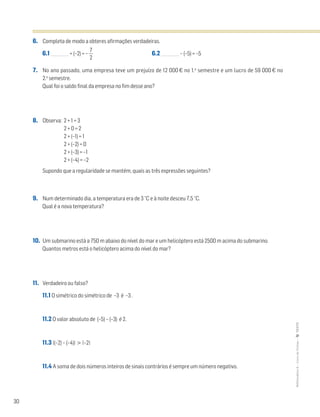30
MATemática6–LivrodeFichas–TEXTO
6. Completa de modo a obteres afirmações verdadeiras.
6.1 _________ + (–2) = – ᎏ
7
2
ᎏ 6.2 _________ – (–5) = –5
7. No ano passado, uma empresa teve um prejuízo de 12 000 € no 1.o
semestre e um lucro de 59 000 € no
2.o
semestre.
Qual foi o saldo final da empresa no fim desse ano?
8. Observa: 2 + 1 = 3
2 + 0 = 2
2 + (–1) = 1
2 + (–2) = 0
2 + (–3) = –1
2 + (–4) = –2
Supondo que a regularidade se mantém, quais as três expressões seguintes?
9. Num determinado dia, a temperatura era de 3 °C e à noite desceu 7,5 °C.
Qual é a nova temperatura?
10. Um submarino está a 750 m abaixo do nível do mar e um helicóptero está 2500 m acima do submarino.
Quantos metros está o helicóptero acima do nível do mar?
11. Verdadeiro ou falso?
11.1 O simétrico do simétrico de –3 é –3 .
11.2 O valor absoluto de (–5) – (–3) é 2.
11.3 |(–2) – (–4)| > |–2|
11.4 A soma de dois números inteiros de sinais contrários é sempre um número negativo.
 
