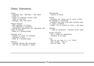 Dados Estimativos
Quadra
- Densidade ideal - 800/10000 = 0.08 hab/m²
- 41049 m²
- Número de habitantes usuários- 4000
- 34502 m² área livre
- Densidade bruta- 0,09 hab/m²
Moradia estudantil
- 4000 estudantes na Uninove
- 200 professores e funcionários
- Apartamentos diferenciados com capacidades dife-
rentes de ocupação
- Média de 5 pessoas/unidade
Habitação social
- Variação no número de dormitórios
- Otimização de área
- Média de 4 pessoas/unidade
Comércio
- População flutuante 500 pessoas/dia
- Para uso dos residentes e público
Estacionamento:
- Usuários da quadra
Uninove
- Considerar que número pico de alunos é 2500 +
80 professores e funcionários
- Considerar que maior parte utiliza transporte públi-
co, devido à facilidade
- Projetar 15% de usuários de carros = 495 vagas
Habitação
- 1 vaga por apartamento - estimativa de 200 vagas
Moradia Estudantil
- 10% o número de apartamentos
- Estimativa de 50 vagas
Final
- Área de uma vaga: 2,1 x 4,7= 9,87m²
- Área ocupada - 7353 m²
- Total de vagas - 745
14
 