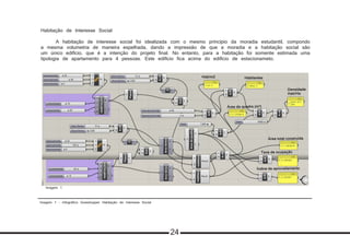 Imagem 1 - Infográfico Grasshopper Habitação de Interesse Social
Habitação de Interesse Social
	 A habitação de interesse social foi idealizada com o mesmo princípio da moradia estudantil, compondo
a mesma volumetria de maneira espelhada, dando a impressão de que a moradia e a habitação social são
um único edifício, que é a intenção do projeto final. No entanto, para a habitação foi somente estimada uma
tipologia de apartamento para 4 pessoas. Este edifício fica acima do edifício de estacionameto.
Imagem 1
24
 