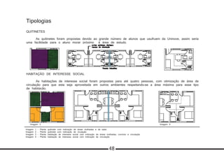 Imagem 1 - Planta quitinete com indicação de áreas molhadas e de estar
Imagem 2 - Planta quitinete com indicação de ciculação
Imagem 3 - Planta habitação de interesse social com indicação de áreas molhadas, convívio e circulação
Imagem 4 - Planta habitação de interesse social com indicação de circulação
Tipologias
QUITINETES
	 As quitinetes foram propostas devido ao grande número de alunos que usufruem da Uninove, assim seria
uma facilidade para o aluno morar próximo à área de estudo.
HABITAÇÃO DE INTERESSE SOCIAL
	 As habitações de interesse social foram propostas para até quatro pessoas, com otimização de área de
circulação para que esta seja aproveitada em outros ambientes respeitando-se a área máxima para esse tipo
de habitação.
Imagem 1 Imagem 2
Imagem 3 Imagem 4
48
 