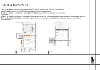 SÍNTESE DA ANALISE:
CIRCULAÇÃO: O espaço da loja é bem aberto e amplo, fazendo com que seja um ambiente
visualmente limpo mesmo com a quantidade de informações nela presente.
Devido aos displays embutidos, a circulação não é prejudicada tornando o ambiente funcional e
organizado.
Através da analise chegou-se a conclusão de que a disposição dos mobiliários direcionam a circulação das pessoas pela loja.
Pelo perﬁl da loja analisada ,os vendedores geralmente se encontram em pé atrás dos balcões e atendem cada cliente
particularmente.
 