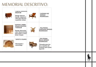 MEMORIAL DESCRITIVO:
COMODA/ APARADOR:
60X24CM
Design descon-
hecido, desenvol
vida para decorar
e guardar coisas
EXPOR E ARMA-
ZENAR ROUPAS:
110X55CM
Design desconhe-
cido, desenvolvida
para expor e arma-
zenar roupas
TAPETE COURO:
Decoração e
aconchego
CADEIRA DIZ
SERGIO
RODRIGUES
POLTRONA
CHIFRUDA SERGIO
RODRIGUES
POLTRONA
MOLE SERGIO
RODRIGUES
Pensada para tra-
zer o maximo de
conforto para quem
aguarda
 