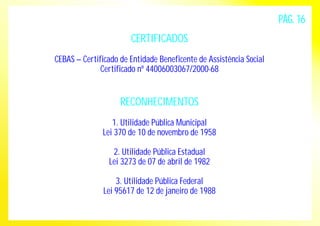 CERTIFICADOS 
CEBAS – Certificado de Entidade Beneficente de Assistência Social 
Certificado nº 44006003067/2000-68 
RECONHECIMENTOS 
1. Utilidade Pública Municipal 
Lei 370 de 10 de novembro de 1958 
2. Utilidade Pública Estadual 
Lei 3273 de 07 de abril de 1982 
3. Utilidade Pública Federal 
Lei 95617 de 12 de janeiro de 1988 
PÁG. 16 
 