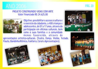 ANO 2006 PÁG. 20 
PROJETO CONSTRUINDO VIDAS COM ARTE 
Valor Financiado R$ 24.625,00 
Objetivo: possibilitar o acesso à cultura e 
o exercício da cidadania, a 400 crianças e 
adolescentes, de 07 a 17 anos, através da 
participação em oficinas culturais, bem 
como à suas famílias e à comunidade 
menos favorec ida, at ravés de 
apresentações artístico-culturais. (Teatro, Dança, Violão, Teclado, 
Flauta, Bandinha Rítmica, Fanfarra, Coral e Apresentações). 
 