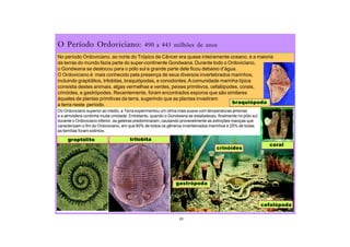 O Período Ordoviciano: 490 a 443 milhões de anos
graptólito trilobita
coral
gastrópoda
crinóides
cefalópoda
20
Do Ordoviciano superior ao médio, a Terra experimentou um clima mais suave com temperaturas amenas
e a atmosfera continha muita umidade. Entretanto, quando o Gondwana se estabeleceu finalmente no pólo sul
durante o Ordoviciano inferior, as geleiras predominaram, causando provavelmente as extinções maciças que
caracterizam o fim do Ordoviciano, em que 60% de todos os gêneros invertebrados marinhos e 25% de todas
as famílias foram extintos.
braquiópoda
No período Ordoviciano, ao norte do Trópico de Câncer era quase inteiramente oceano, e a maioria
da terras do mundo fazia parte do super-continente Gondwana. Durante todo o Ordoviciano,
o Gondwana se deslocou para o pólo sul e grande parte dele ficou debaixo d’água.
O Ordoviciano é mais conhecido pela presença de seus diversos invertebrados marinhos,
incluindo graptólitos, trilobitas, braquiópodas, e conodontes.Acomunidade marinha típica
consistia destes animais, algas vermelhas e verdes, peixes primitivos, cefalópodes, corais,
crinóides, e gastrópodes. Recentemente, foram encontrados esporos que são similares
àqueles de plantas primitivas da terra, sugerindo que as plantas invadiram
a terra neste período.
 