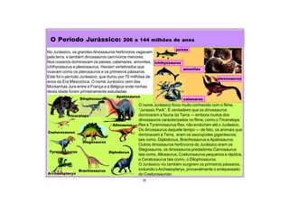28
No Jurássico, os grandes dinossauros herbívoros vagavam
pela terra, e também dinossauros carnívoros menores.
Nos oceanos dominavam os peixes, calamares, amonites,
ichthyosaurus e plesiosaurus. Haviam vertebrados que
voavam como os pterosauros e os primeiros pássaros.
Este foi o período Jurássico, que durou por 70 milhões de
anos da Era Mesozóica. O nome Jurássico vem das
Montanhas Jura entre a França e a Bélgica onde rochas
desta idade foram primeiramente estudadas.
O Período Jurássico: 206 a 144 milhões de anos
amonites
peixes
calamares
ichthyosaurus
plesiosaurus
Triceratops
Brachiosaurus
Tyrannosaurus Diplodocus
Apatosaurus
Coelurosaurus
Archaeopteryx
Allosaurus
Dilophosaurus
Stegosaurus
O nome Jurássico ficou muito conhecido com o filme,
“Jurassic Park”. É verdadeiro que os dinossauros
dominaram a fauna da Terra — embora muitos dos
dinossauros caracterizados no filme, como o Triceratops
Rex e Tyrannosaurus Rex, não evoluíram até o Jurássico.
Os dinossaurus daquele tempo — de fato, os animais que
dominavam a Terra, eram os sauropodes gigantescos,
tais como, Diplodocus, Brachiosaurus eApatosaurus.
Outros dinossauros herbívoros do Jurássico eram os
Stegosauros, os dinossauros predadores Carnosaurus
tais como, Allosaurus, Coelurosaurus pequenos e rápidos,
e Ceratosaurus tais como, o Dilophosaurus.
O Jurássico viu também surgirem os primeiros pássaros,
incluindo oArchaeopteryx, provavelmente o antepassado
do Coelurosaurian.
 