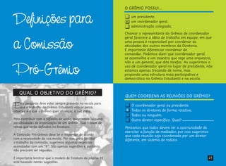 21
QUEM COORDENA AS REUNIÕES DO GRÊMIO?
O coordenador geral ou presidente.
Todos os diretores de forma rotativa.
Todos ou ninguém.
Outro diretor específico. Qual?
Pensamos que todos devem ter a oportunidade de
exercitar a função de mediador, por isso sugerimos
que cada reunião seja coordenada por um diretor
diferente, em sistema de rodízio.
Definições para
a Comissão
Pró-Grêmio
QUAL O OBJETIVO DO GRÊMIO?
Esta pergunta deve estar sempre presente na escola para
que o trabalho do Grêmio Estudantil não se perca.
Objetivo é o que o Grêmio quer alcançar, a sua meta.
Para contribuir com a reflexão de vocês, levantamos algumas
possibilidades de organização de um Grêmio. Elas tratam de
temas que serão definidos no Estatuto.
A Comissão Pró-Grêmio deve ler e responder de acordo
com a necessidade da sua escola. Por isso, para facilitar
o trabalho da comissão, sugerimos algumas respostas
assinaladas com um “X”. São apenas sugestões e, portanto,
não precisam ser seguidas.
É importante lembrar que o modelo de Estatuto da página 33
está baseado nestas sugestões.
O GRÊMIO POSSUI...
um presidente.
um coordenador geral.
administração colegiada.
Chamar o representante do Grêmio de coordenador
geral favorece a idéia de trabalho em equipe, em que
uma pessoa é responsável por coordenar as
atividades dos outros membros da Diretoria.
É importante diferenciar coordenar de
comandar. Podemos dizer que coordenador geral
se assemelha a um maestro que rege uma orquestra,
não a um general, que dita tarefas. Ao sugerirmos o
uso de coordenador geral no lugar de presidente, não
estamos apenas trocando de nome, mas
propondo uma estrutura mais participativa e
democrática no Grêmio Estudantil e na escola.
X
X
 