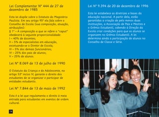 14
Lei Complementar Nº 444 de 27 de
dezembro de 1985
Esta lei dispõe sobre o Estatuto do Magistério
Paulista. Em seu artigo 95º ela fala sobre o
Conselho de Escola (sua composição, atuação,
atribuições):
§ 1º – A composição a que se refere o “caput”
obedecerá à seguinte proporcionalidade:
I – 40% de docentes;
II – 5% de especialistas em educação,
excetuando-se o Diretor de Escola;
III – 5% dos demais funcionários;
IV – 25% dos pais de alunos;
V – 25% de alunos.
Lei Nº 8.069 de 13 de julho de 1990
O Estatuto da Criança e do Adolescente, no
artigo 53º inciso IV, garante o direito dos
estudantes de se organizar e participar de
entidades estudantis.
Lei Nº 7.844 de 13 de maio de 1992
Esta é a lei que regulamenta o direito à meia
entrada para estudantes em eventos de ordem
cultural.
Lei Nº 9.394 de 20 de dezembro de 1996
Esta lei estabelece as diretrizes e bases da
educação nacional. A partir dela, estão
garantidas a criação de pelo menos duas
instituições, a Associação de Pais e Mestres e
o Grêmio Estudantil, cabendo à Direção da
Escola criar condições para que os alunos se
organizem no Grêmio Estudantil. A lei
determina ainda a participação de alunos no
Conselho de Classe e Série.
 