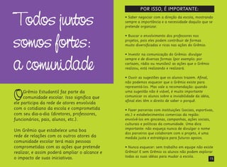 15
Todos juntos
somos fortes:
a comunidade
OGrêmio Estudantil faz parte da
comunidade escolar. Isso significa que
ele participa da rede de atores envolvida
com o cotidiano da escola e comprometida
com seu dia-a-dia (diretores, professores,
funcionários, pais, alunos, etc.).
Um Grêmio que estabelece uma boa
rede de relações com os outros atores da
comunidade escolar terá mais pessoas
comprometidas com as ações que pretende
realizar, e assim poderá ampliar o alcance e
o impacto de suas iniciativas.
POR ISSO, É IMPORTANTE:
• Saber negociar com a direção da escola, mostrando
sempre a importância e a necessidade daquilo que se
pretende organizar.
• Buscar o envolvimento dos professores nos
projetos, pois eles podem contribuir de formas
muito diversificadas e ricas nas ações do Grêmio.
• Investir na comunicação do Grêmio: divulgar
sempre e de diversas formas (por exemplo: por
cartazes, rádio ou reuniões) as ações que o Grêmio
realizou, está realizando e realizará.
• Ouvir as sugestões que os alunos trazem. Afinal,
não podemos esquecer que o Grêmio existe para
representá-los. Mas vale a recomendação: quando
uma sugestão não é viável, é muito importante
comunicar os alunos sobre a inviabilidade da idéia,
afinal eles têm o direito de saber o porquê.
• Fazer parcerias com instituições (sociais, esportivas,
etc.) e estabelecimentos comercias da região:
envolvê-los em gincanas, campanhas, ações sociais,
culturais e políticas da comunidade. Uma dica
importante: não esqueça nunca de divulgar o nome
dos parceiros que colaboram com o projeto, é uma
medida justa e estratégica para futuros apoios.
• Nunca esquecer: sem trabalho em equipe não existe
Grêmio! E sem Grêmio os alunos não podem explorar
todas as suas idéias para mudar a escola.
 